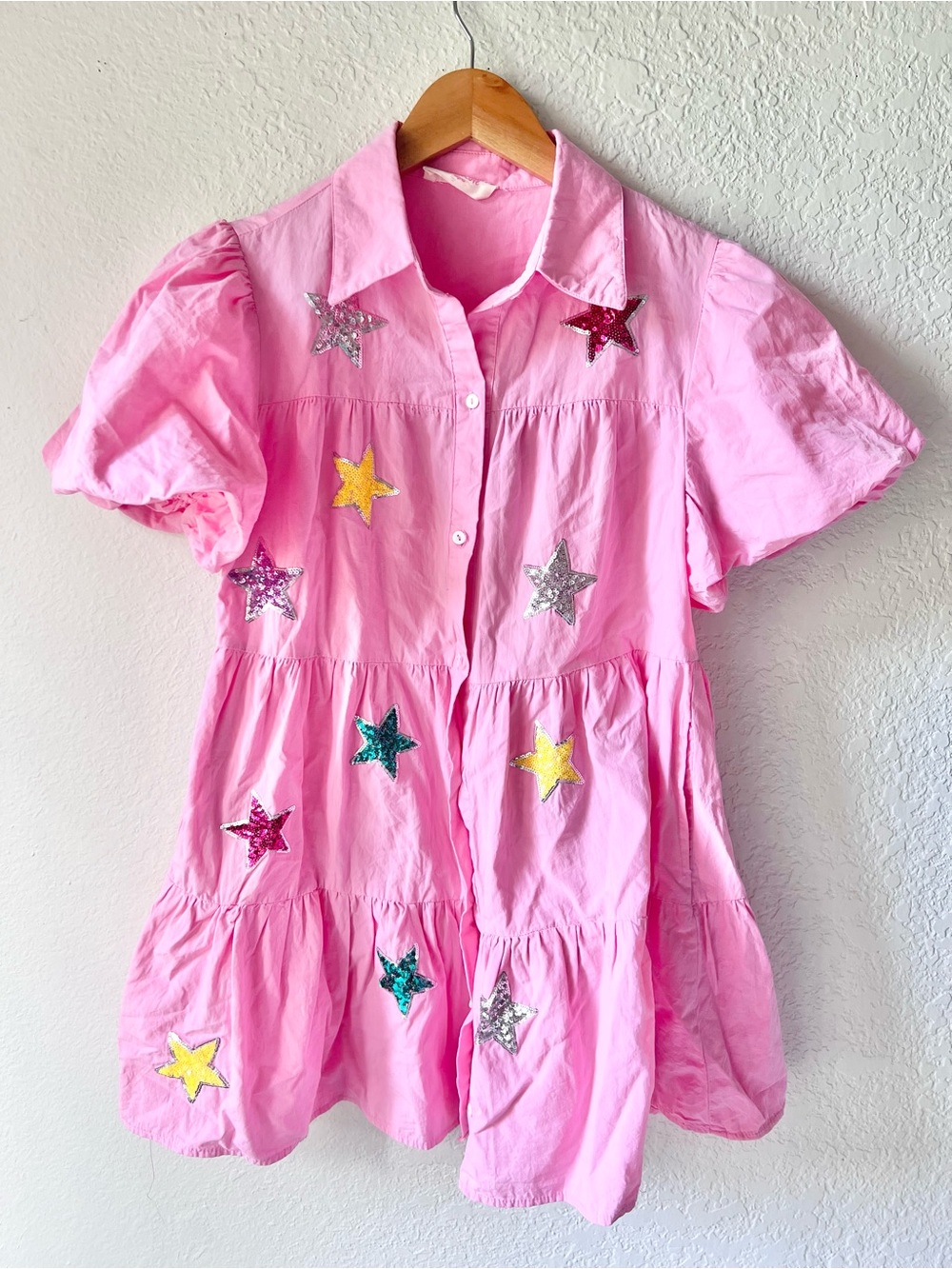 Peach Love California Pink Tiered Star Sequin Dress Sz S - Picture 2 of 8